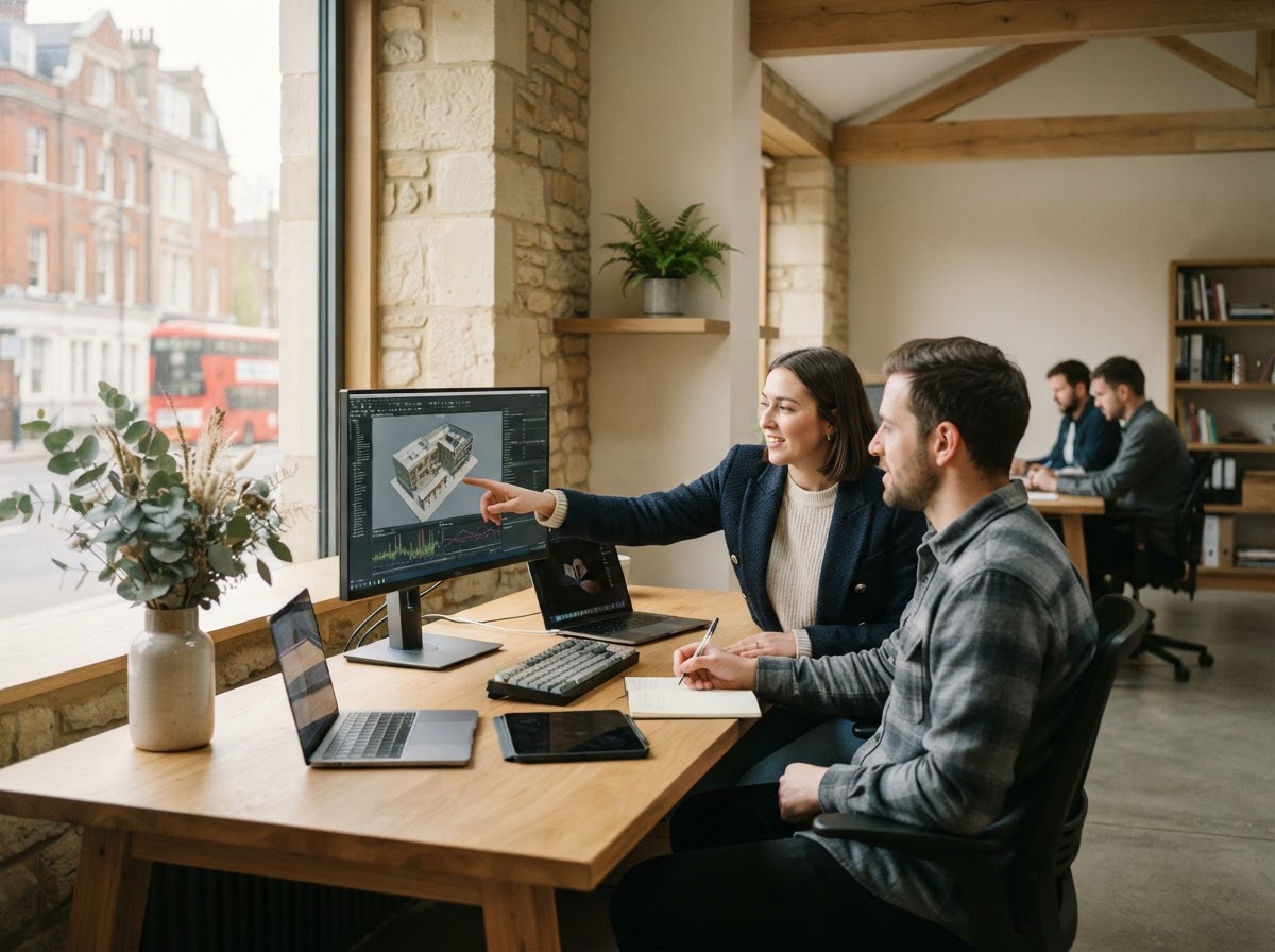 Telver Trust team reviewing investment data on screen in a calm, professional setting